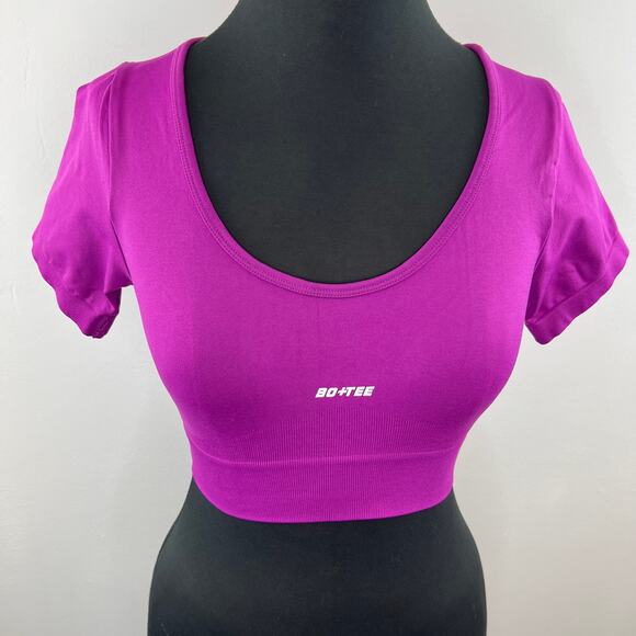 BO+TEE Scoop Neck Seamless Short Sleeve Top in Purple Cropped Fitted Gym  M - Picture 2 of 7